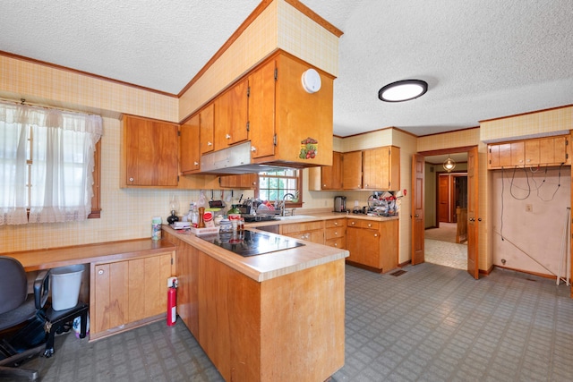 kitchen featuring a textured ceiling, sink, kitchen peninsula, and black electric stovetop