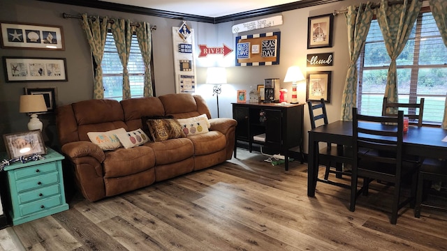 living room with ornamental molding and hardwood / wood-style floors