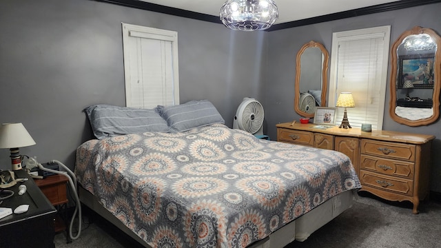 carpeted bedroom featuring ornamental molding