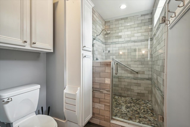 bathroom featuring a shower with door and toilet