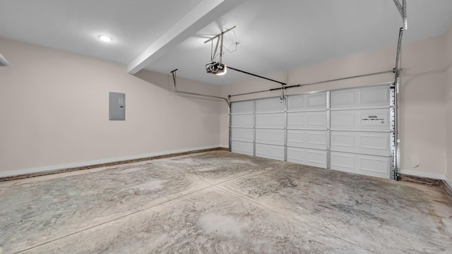 garage with electric panel and a garage door opener