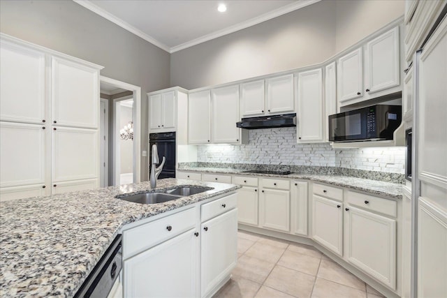 kitchen featuring light tile patterned flooring, white cabinets, black appliances, crown molding, and light stone countertops