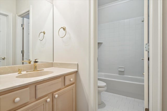 full bathroom with vanity, shower / bath combination, tile patterned floors, crown molding, and toilet