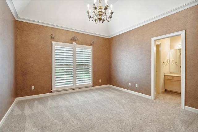 interior space with a chandelier, lofted ceiling, light colored carpet, ensuite bath, and crown molding