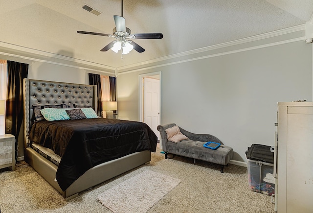 bedroom featuring a textured ceiling, ceiling fan, carpet flooring, and crown molding