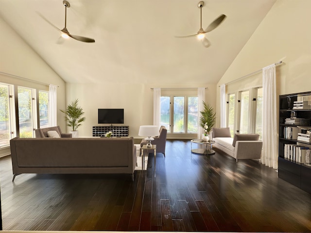 living room with dark wood-type flooring, high vaulted ceiling, and a wealth of natural light