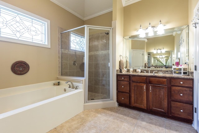 bathroom with vanity, shower with separate bathtub, crown molding, and tile patterned floors