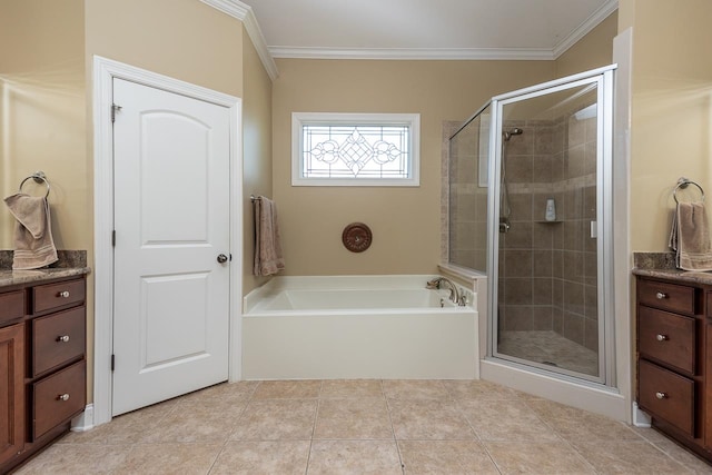 bathroom with vanity, plus walk in shower, crown molding, and tile patterned floors