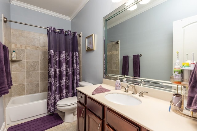 full bathroom with vanity, shower / bath combination with curtain, tile patterned flooring, ornamental molding, and toilet