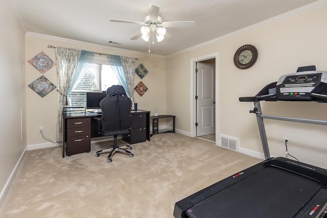 office space featuring ornamental molding, light carpet, and ceiling fan