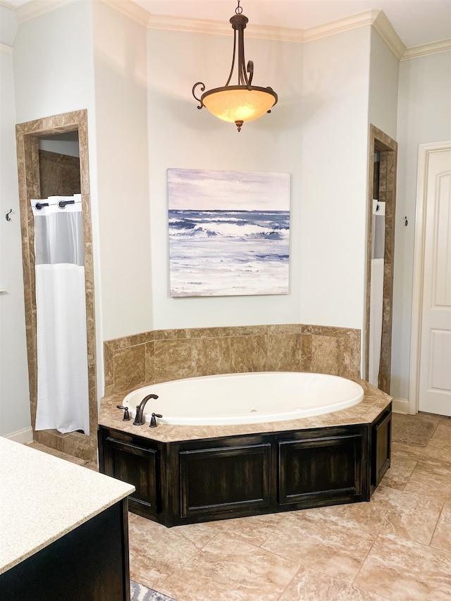 bathroom featuring ornamental molding, shower with separate bathtub, and vanity