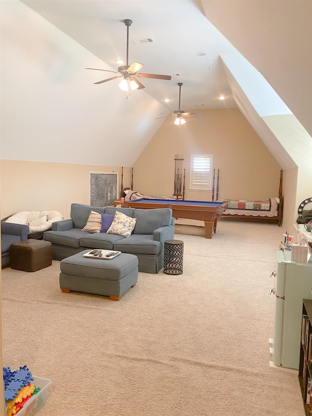 game room with ceiling fan, pool table, lofted ceiling with skylight, and carpet