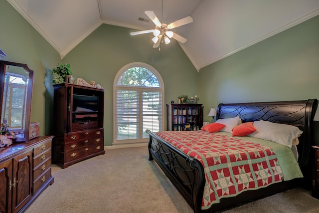 bedroom with high vaulted ceiling, ceiling fan, light colored carpet, and crown molding