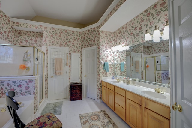 bathroom featuring vanity, shower with separate bathtub, lofted ceiling, and tile patterned flooring