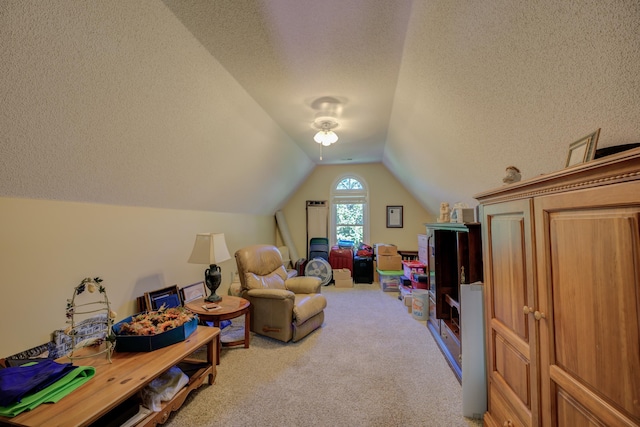 interior space featuring carpet floors, a textured ceiling, and vaulted ceiling