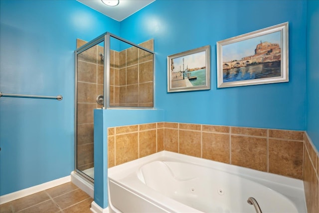 bathroom with tile patterned flooring and plus walk in shower