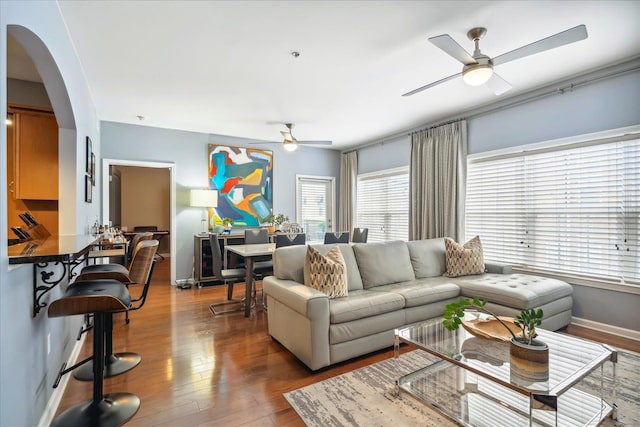 living room featuring ceiling fan and hardwood / wood-style floors