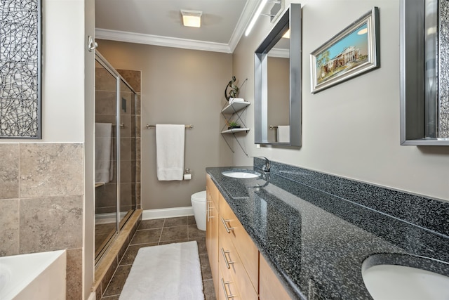 full bathroom featuring vanity, toilet, independent shower and bath, and ornamental molding