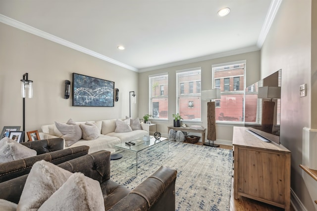 living room featuring ornamental molding and hardwood / wood-style floors