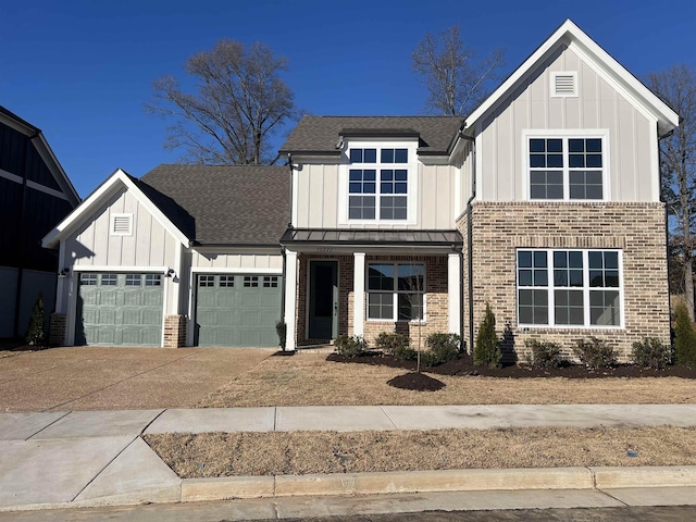 modern farmhouse featuring board and batten siding, brick siding, concrete driveway, and a garage