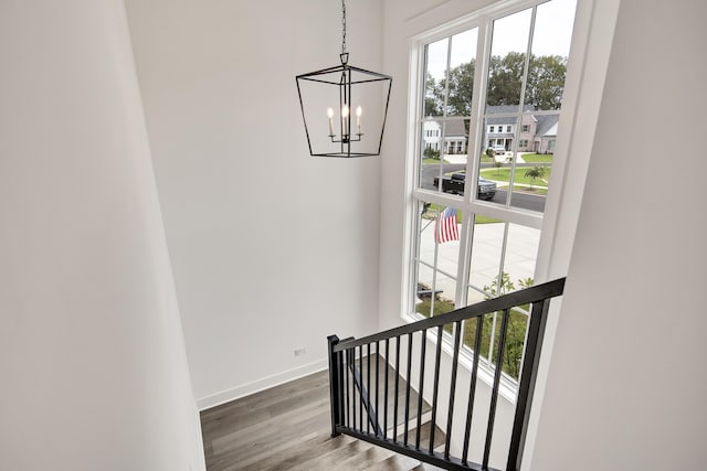 stairs with an inviting chandelier and hardwood / wood-style floors