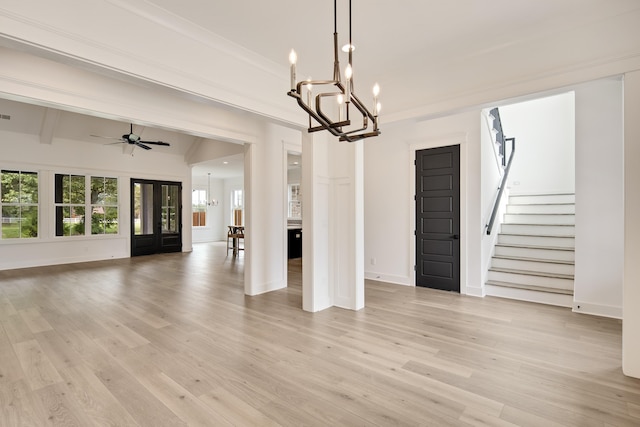 unfurnished living room with crown molding, ceiling fan with notable chandelier, lofted ceiling with beams, and light hardwood / wood-style flooring