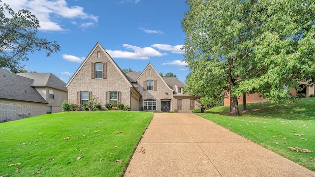 tudor-style house with a front lawn