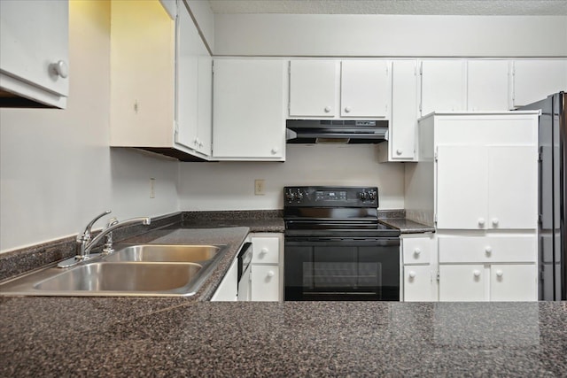 kitchen with sink, electric range, and white cabinetry