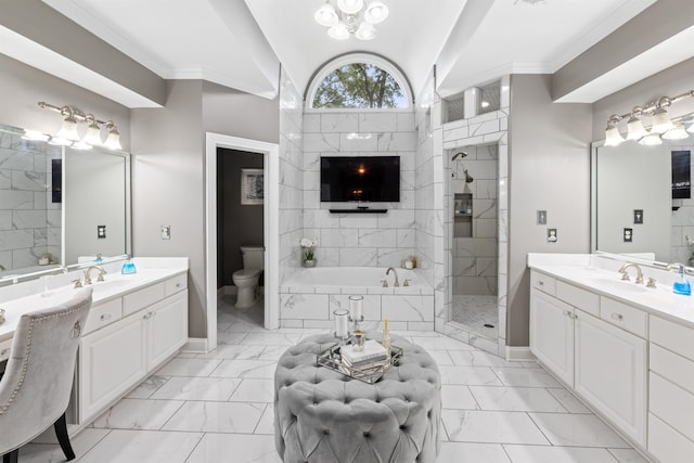 full bathroom with ornamental molding, vanity, plus walk in shower, and toilet