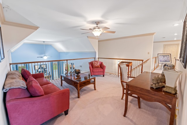 home office featuring light carpet, lofted ceiling, ceiling fan, and crown molding