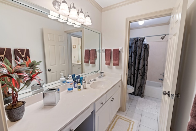 full bathroom with tile patterned flooring, shower / bath combo, crown molding, vanity, and toilet