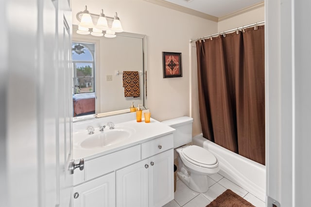 full bathroom with vanity, tile patterned flooring, shower / tub combo, crown molding, and toilet