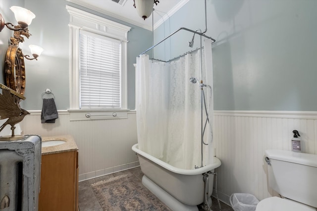 full bathroom with shower with separate bathtub, toilet, tile patterned floors, vanity, and crown molding