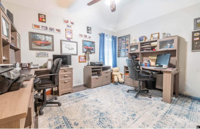 office with light hardwood / wood-style floors and ceiling fan