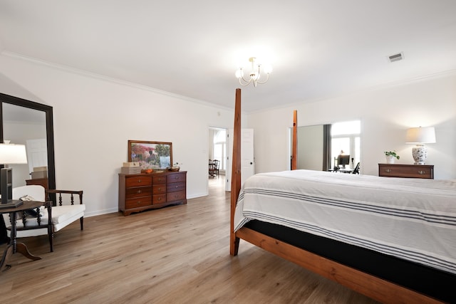 bedroom with light hardwood / wood-style flooring and ornamental molding