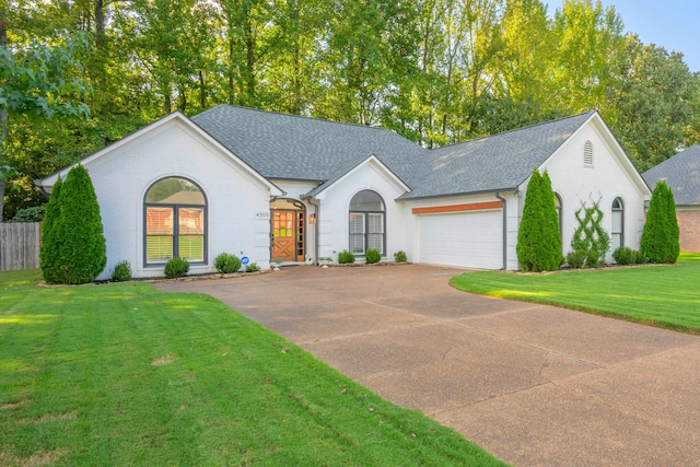 single story home featuring a front yard and a garage