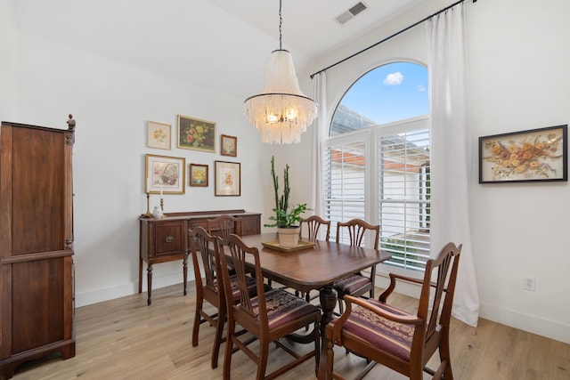 dining room with an inviting chandelier, light hardwood / wood-style flooring, and a healthy amount of sunlight