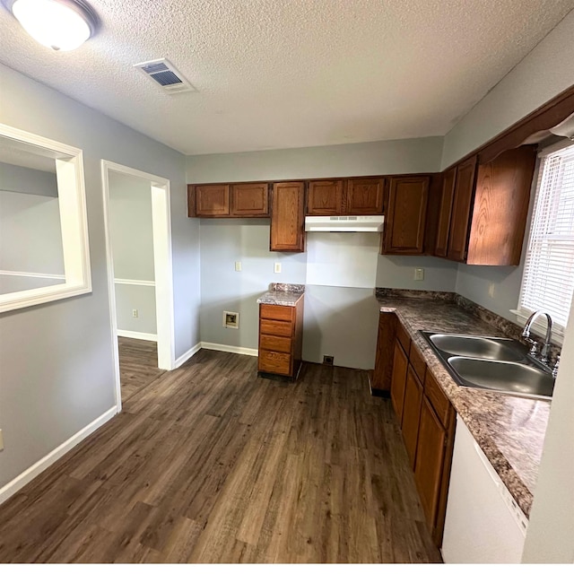 kitchen with a textured ceiling, sink, and dark hardwood / wood-style flooring