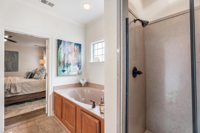 bathroom with shower with separate bathtub, ornamental molding, hardwood / wood-style floors, and ceiling fan