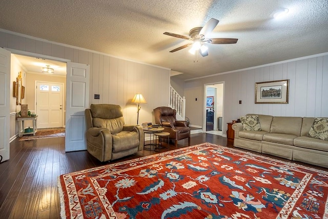 living room with ceiling fan, ornamental molding, a textured ceiling, and dark wood-type flooring