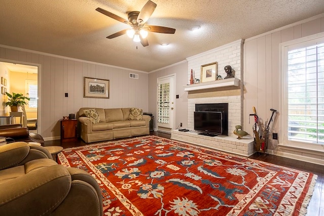 living room featuring a textured ceiling, plenty of natural light, and dark wood-type flooring