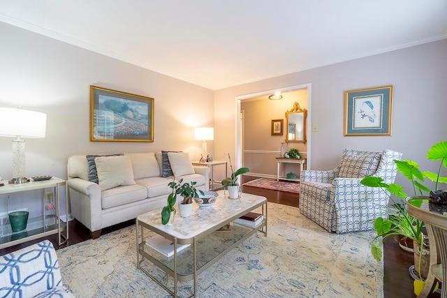 living room featuring ornamental molding and light hardwood / wood-style floors