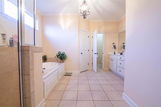 full bathroom featuring ornamental molding, a notable chandelier, tile patterned floors, and toilet