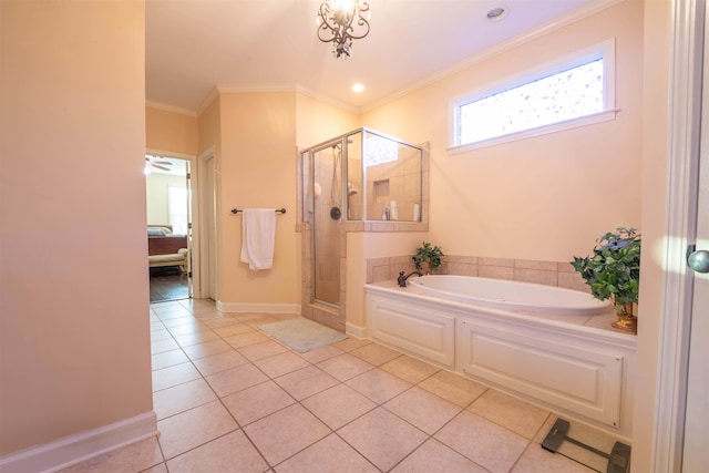 bathroom featuring crown molding, tile patterned flooring, and separate shower and tub