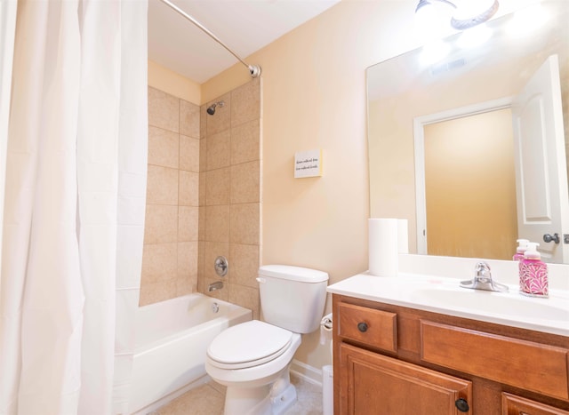 full bathroom with vanity, tile patterned flooring, toilet, and shower / bathtub combination with curtain