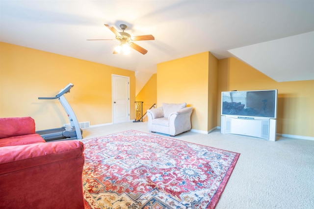 living room featuring ceiling fan and light carpet