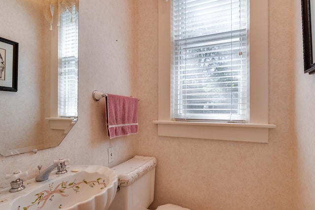 bathroom featuring toilet, sink, and a wealth of natural light