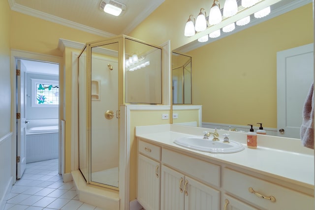 bathroom featuring vanity, shower with separate bathtub, tile patterned flooring, and ornamental molding