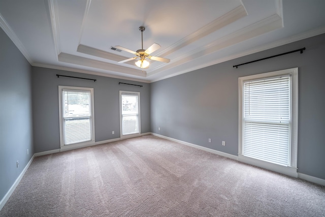 spare room with ornamental molding, a tray ceiling, and ceiling fan