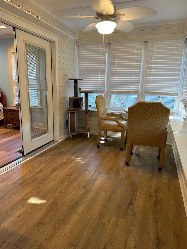 dining room featuring wood-type flooring, wood walls, and ceiling fan